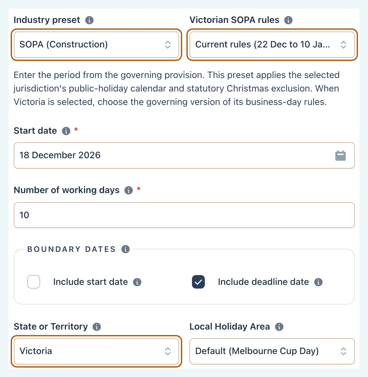 Australian calculator with Victoria and the SOPA Construction preset selected